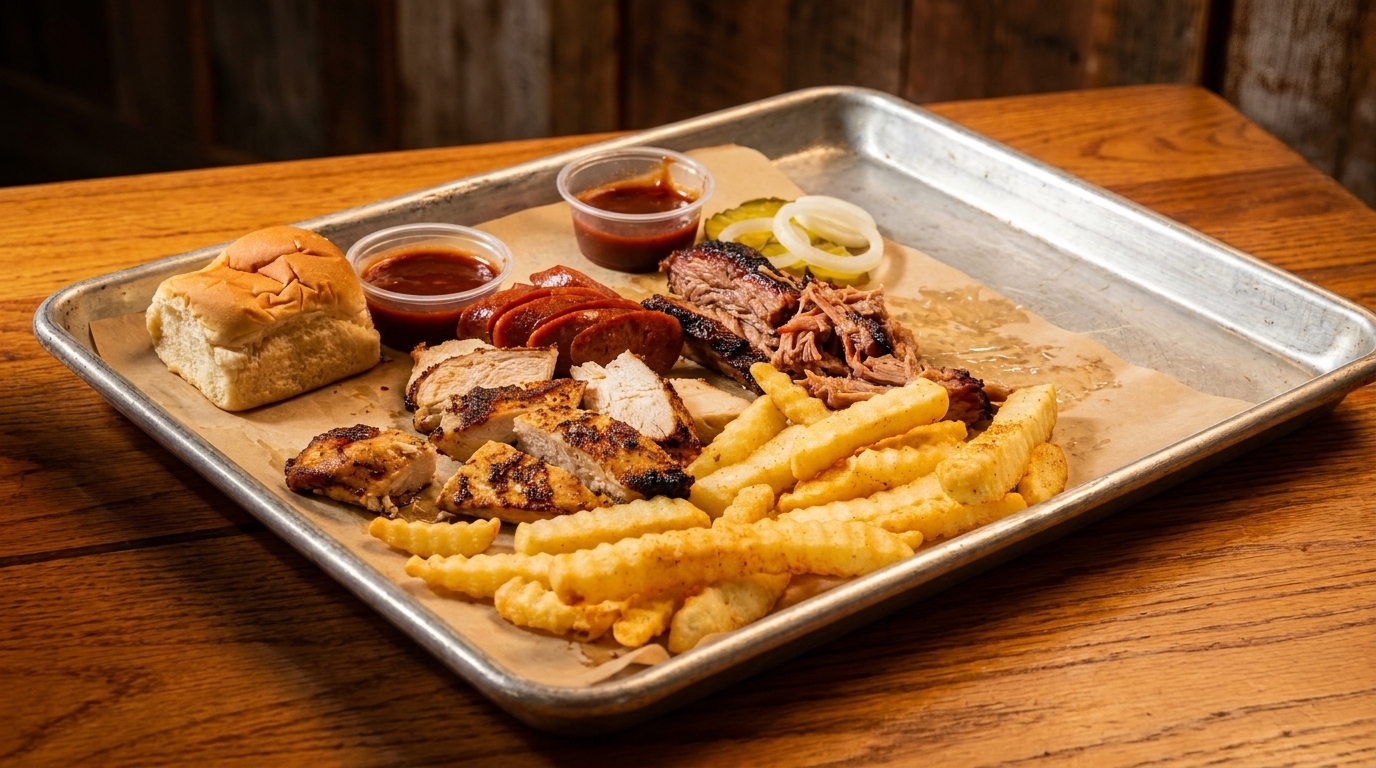 A metal tray with barbecue chicken, brisket, sausage, fries, rolls, pickles, onions, and dipping sauces.