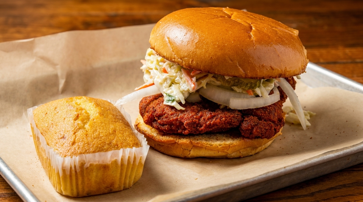 Spicy fried chicken sandwich with coleslaw, onions, and pickles, next to a cornbread muffin.