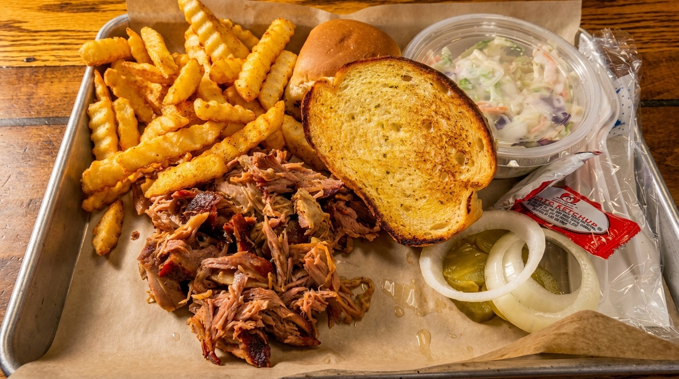 A BBQ platter with pulled pork, crinkle-cut fries, Texas toast, coleslaw, and pickles on a tray.