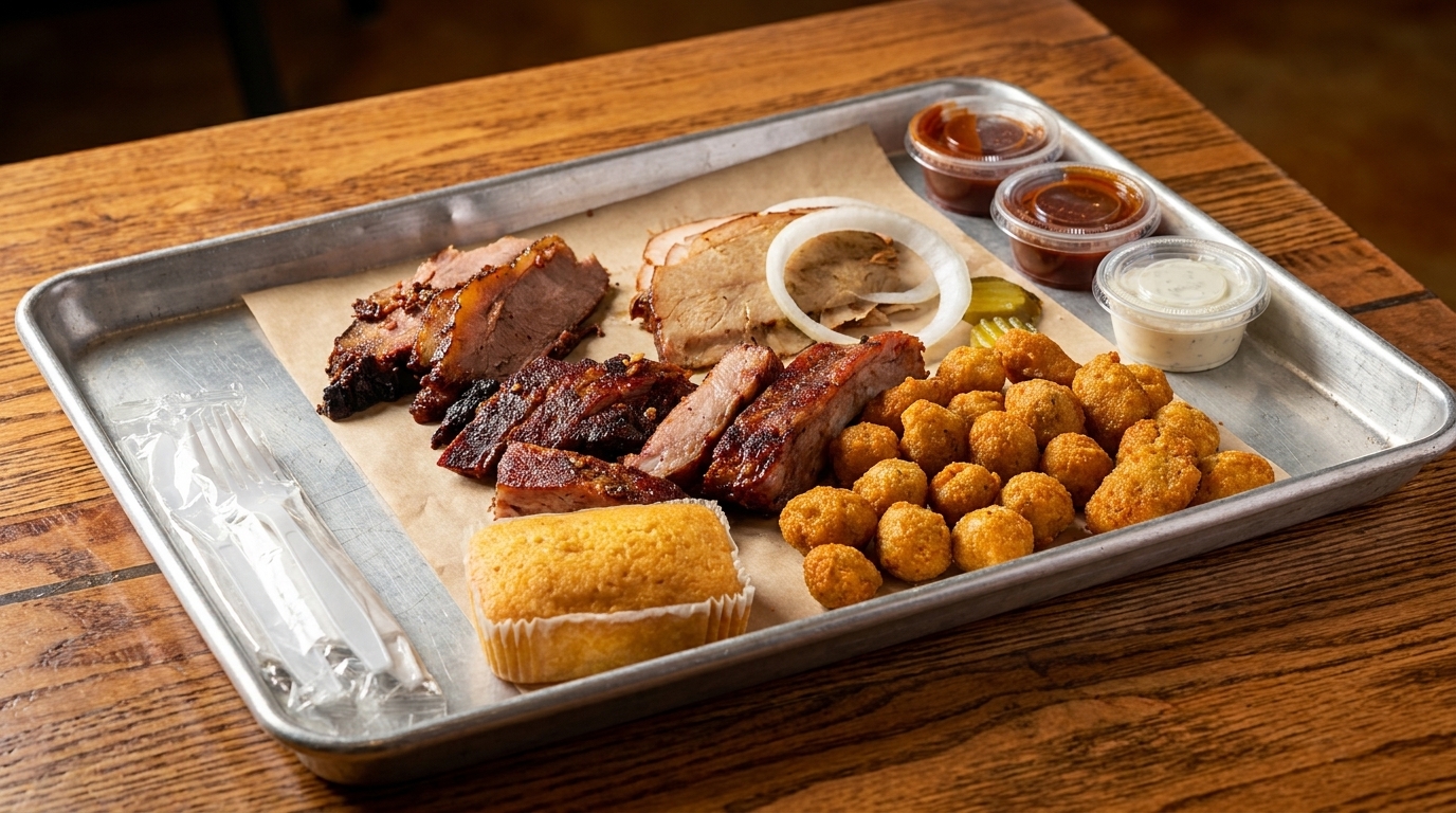 A metal tray with various BBQ meats, fried mushrooms, cornbread, sauces, and plastic cutlery.