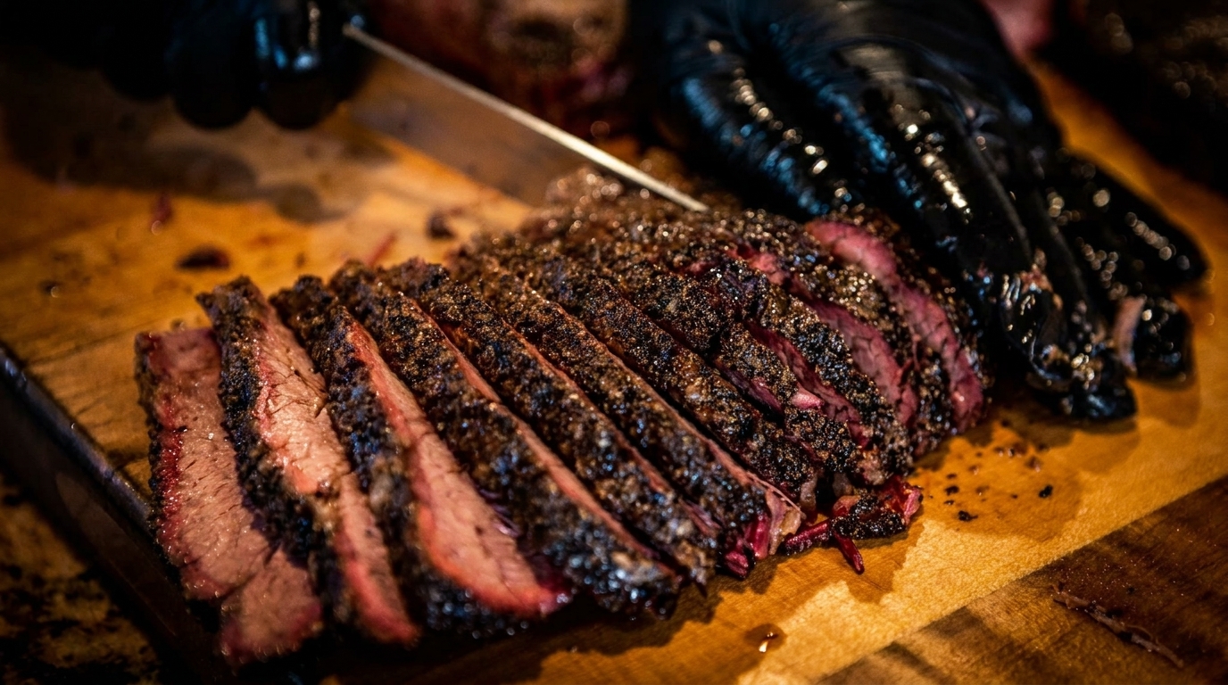 A gloved hand slices a perfectly smoked brisket with a dark, peppery crust on a wooden board.