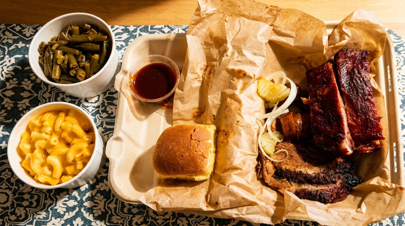 Barbecue ribs, brisket, and a bun in a takeout container, with sides of mac and cheese and green beans.