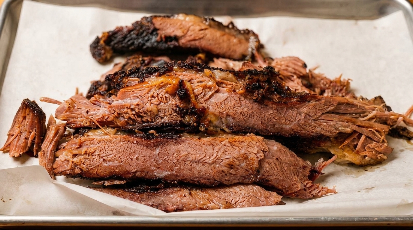 Close-up of sliced, tender brisket with a dark, crispy bark on a white paper-lined tray.
