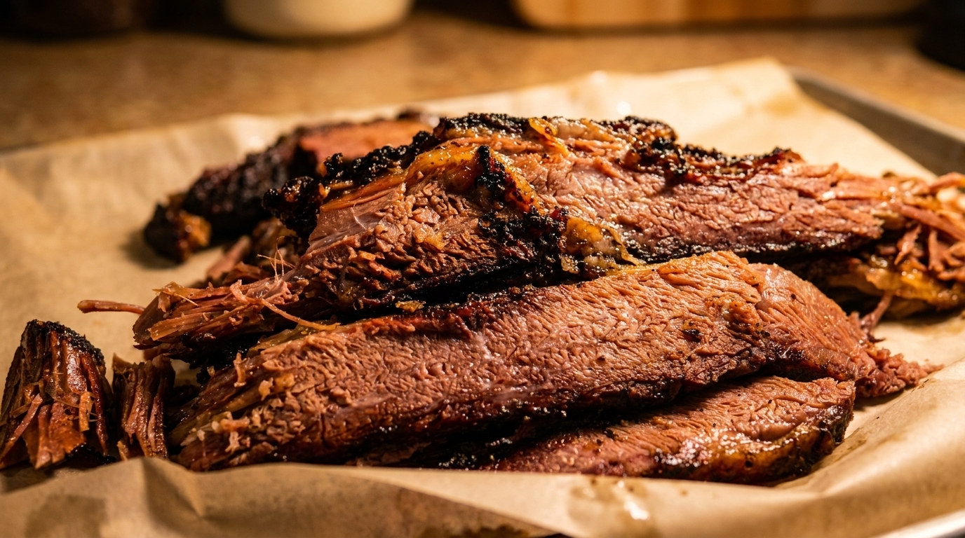 Close-up of sliced, smoked brisket with a dark, crispy bark on parchment paper.