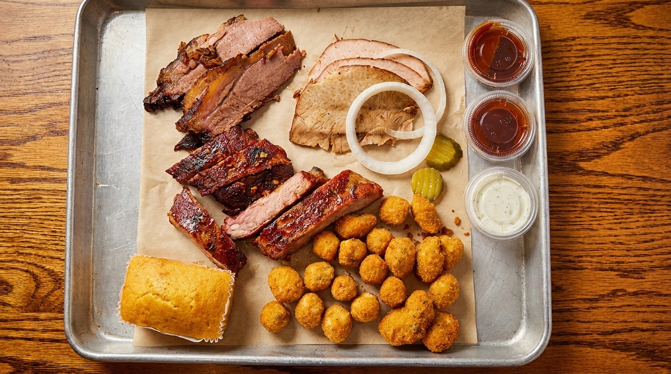 Barbecue platter with sliced brisket, ribs, turkey, corn muffin, fried okra, pickles, onions, and sauces.