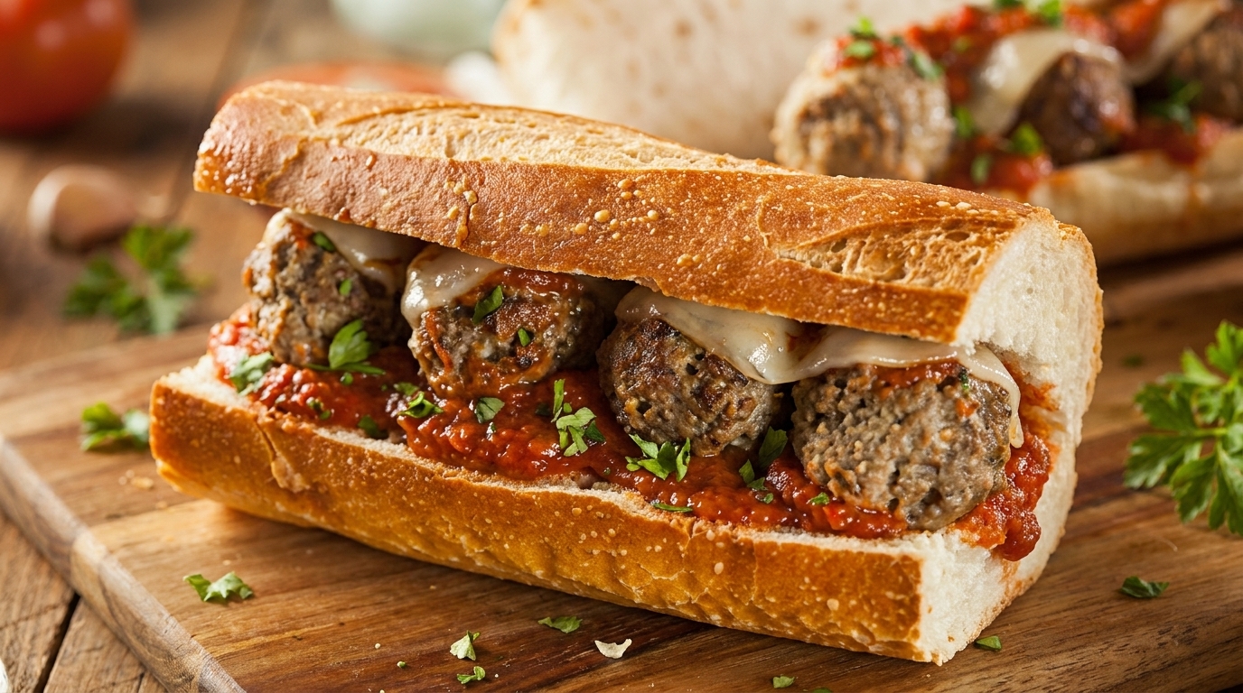 Meatball sub sandwich with melted cheese, marinara sauce, and parsley on a wooden board.