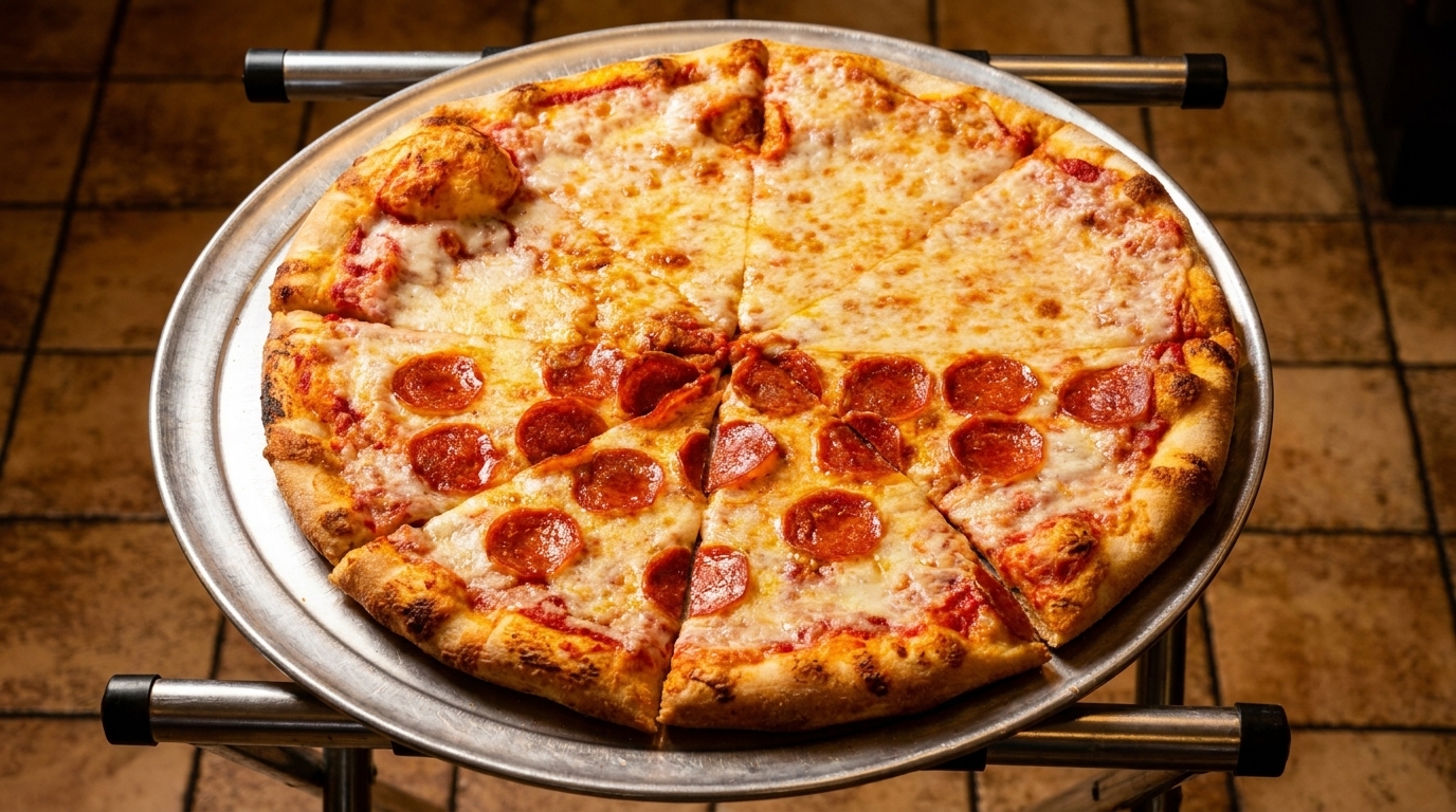 A large pizza, half cheese and half pepperoni, on a metal tray.