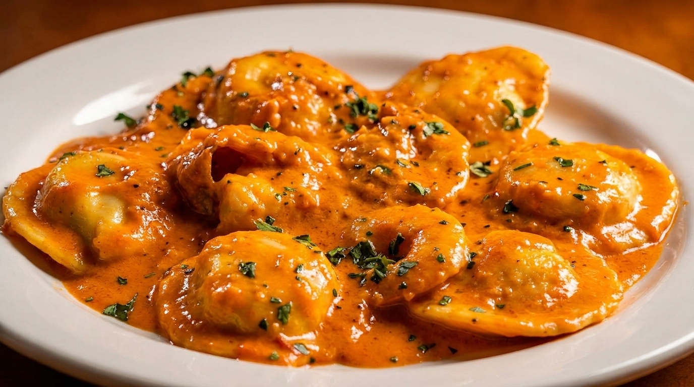Close-up of ravioli covered in a creamy orange sauce and sprinkled with green herbs on a white plate.