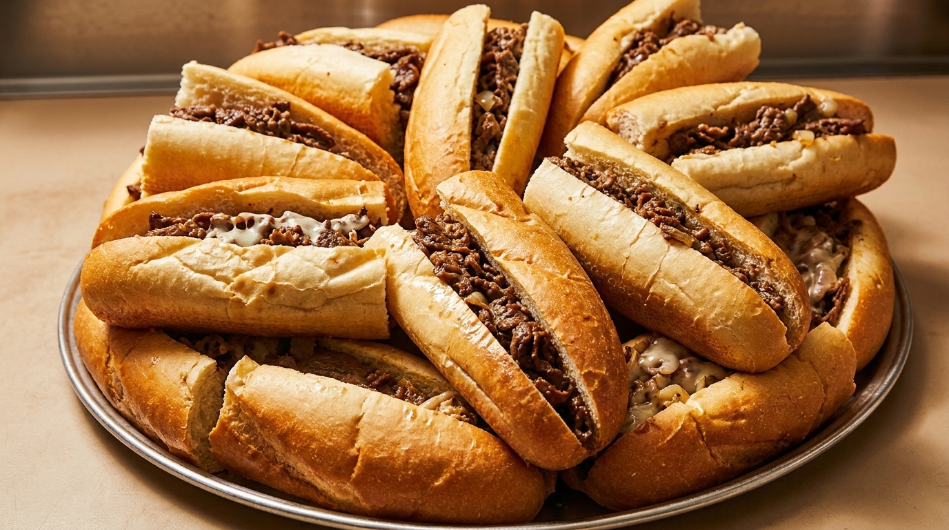 A large platter filled with numerous delicious cheesesteak sandwiches, some with melted cheese visible.