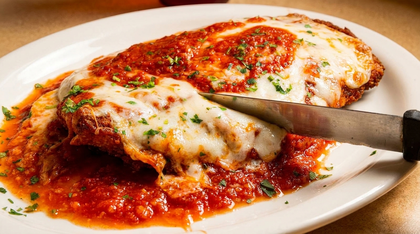 A knife cuts into a chicken parmesan dish topped with melted cheese, marinara sauce, and parsley.