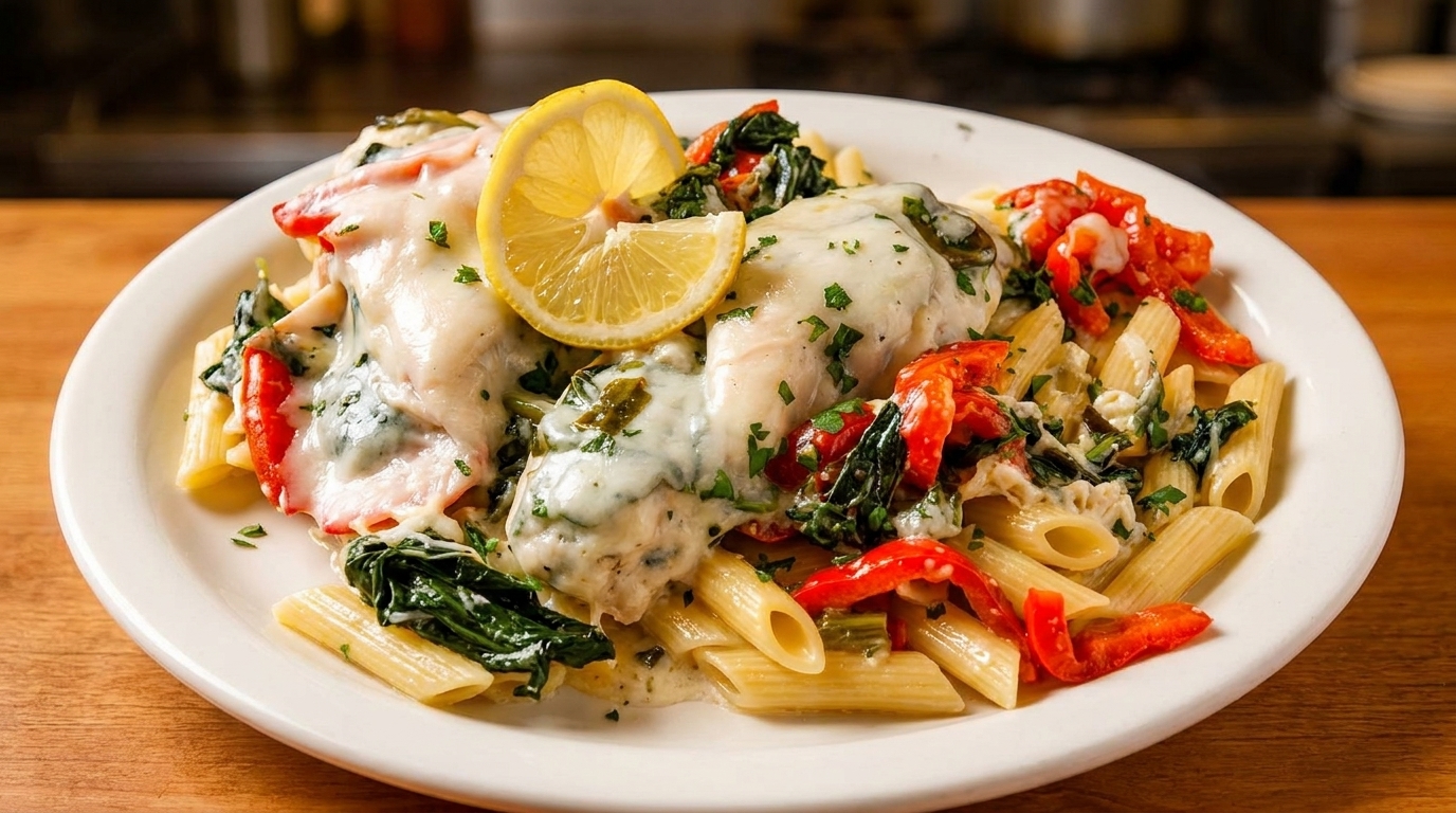 Chicken and penne pasta with melted cheese, spinach, red peppers, and a lemon slice.