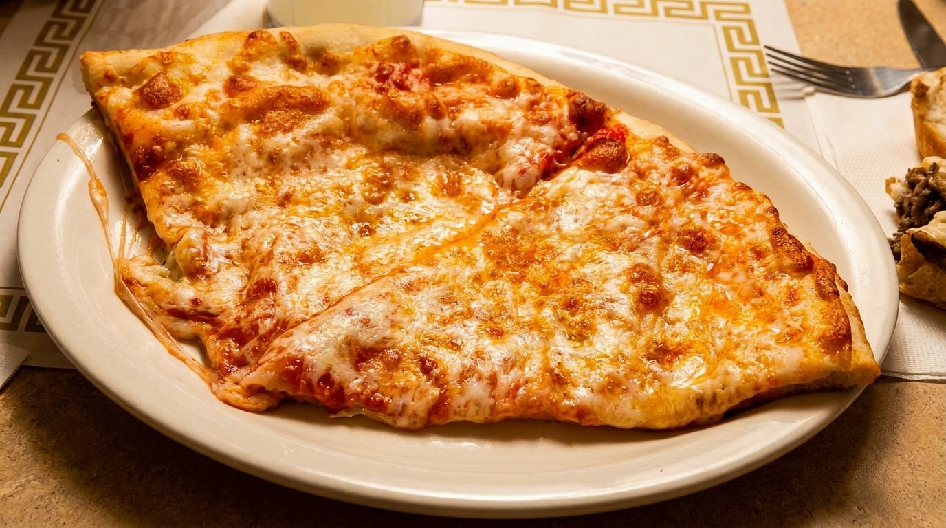 Two slices of cheese pizza with melted cheese and red sauce on a white plate.