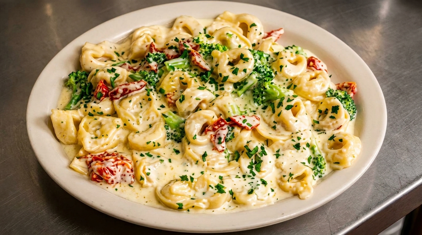 Creamy tortellini pasta with broccoli, sun-dried tomatoes, and fresh parsley on a white plate.