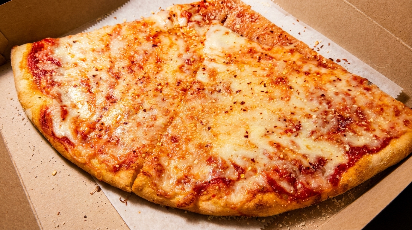 Two slices of cheese pizza with red pepper flakes in a cardboard box.