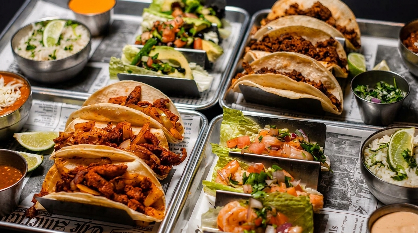 Multiple trays of tacos, rice, beans, and sauces, including meat, shrimp, and avocado varieties.