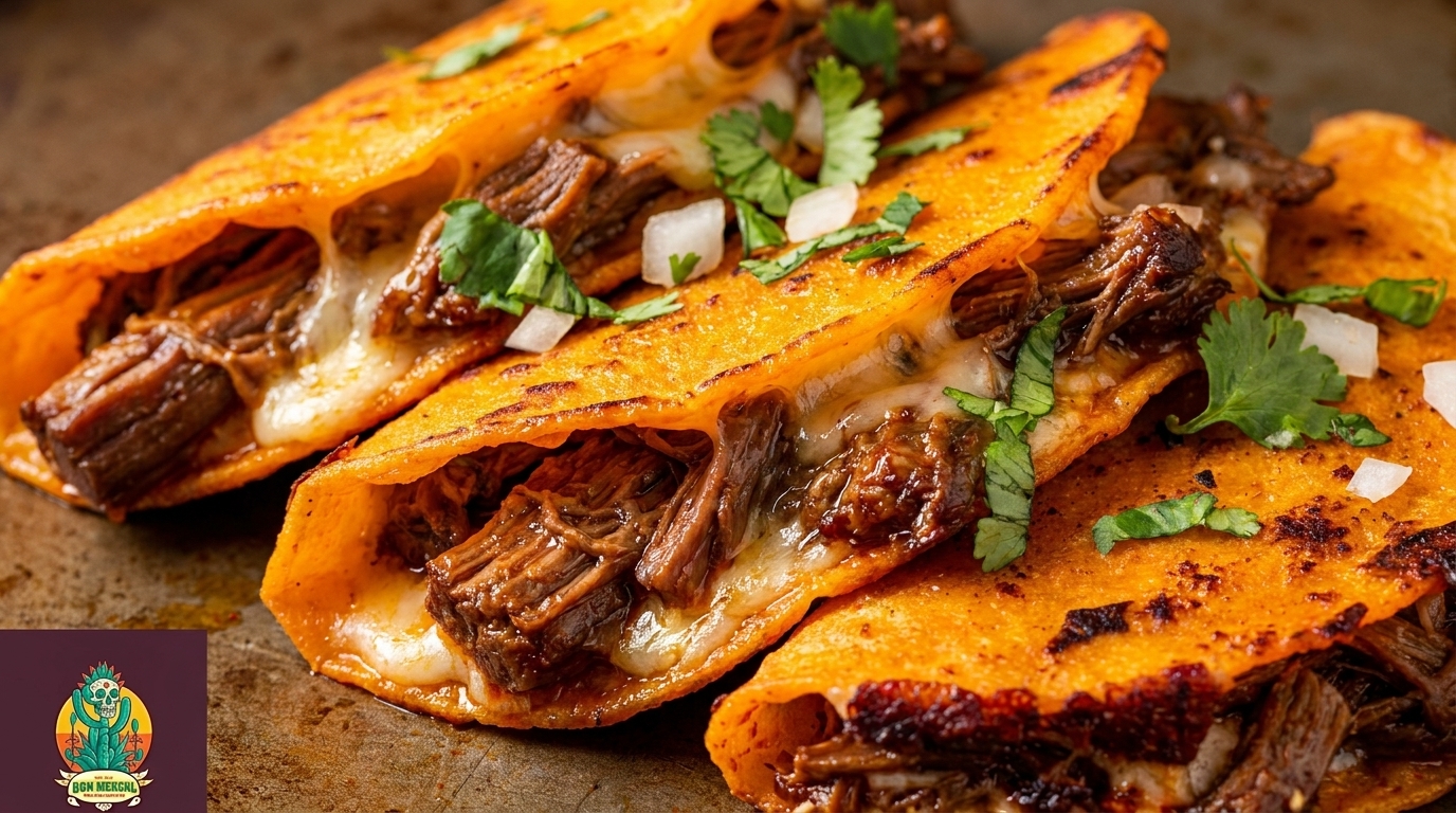 Three birria tacos with melted cheese, shredded beef, cilantro, and diced onions on a rustic surface.