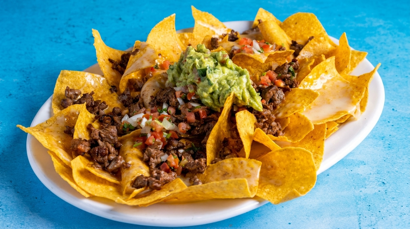 A plate of nachos with beef, cheese, guacamole, and pico de gallo on a blue background.