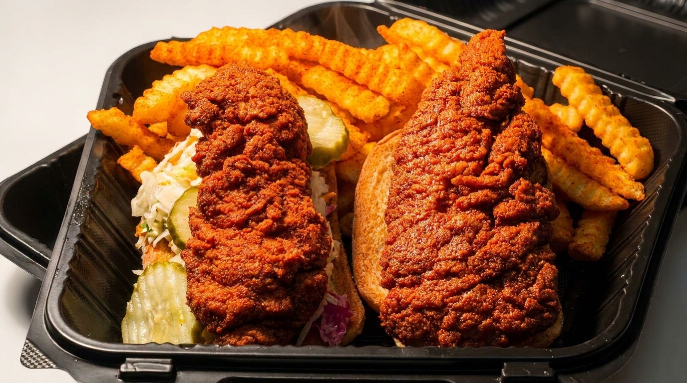 Two Nashville hot chicken sandwiches with pickles and coleslaw, served with crinkle-cut fries in a black takeout container.