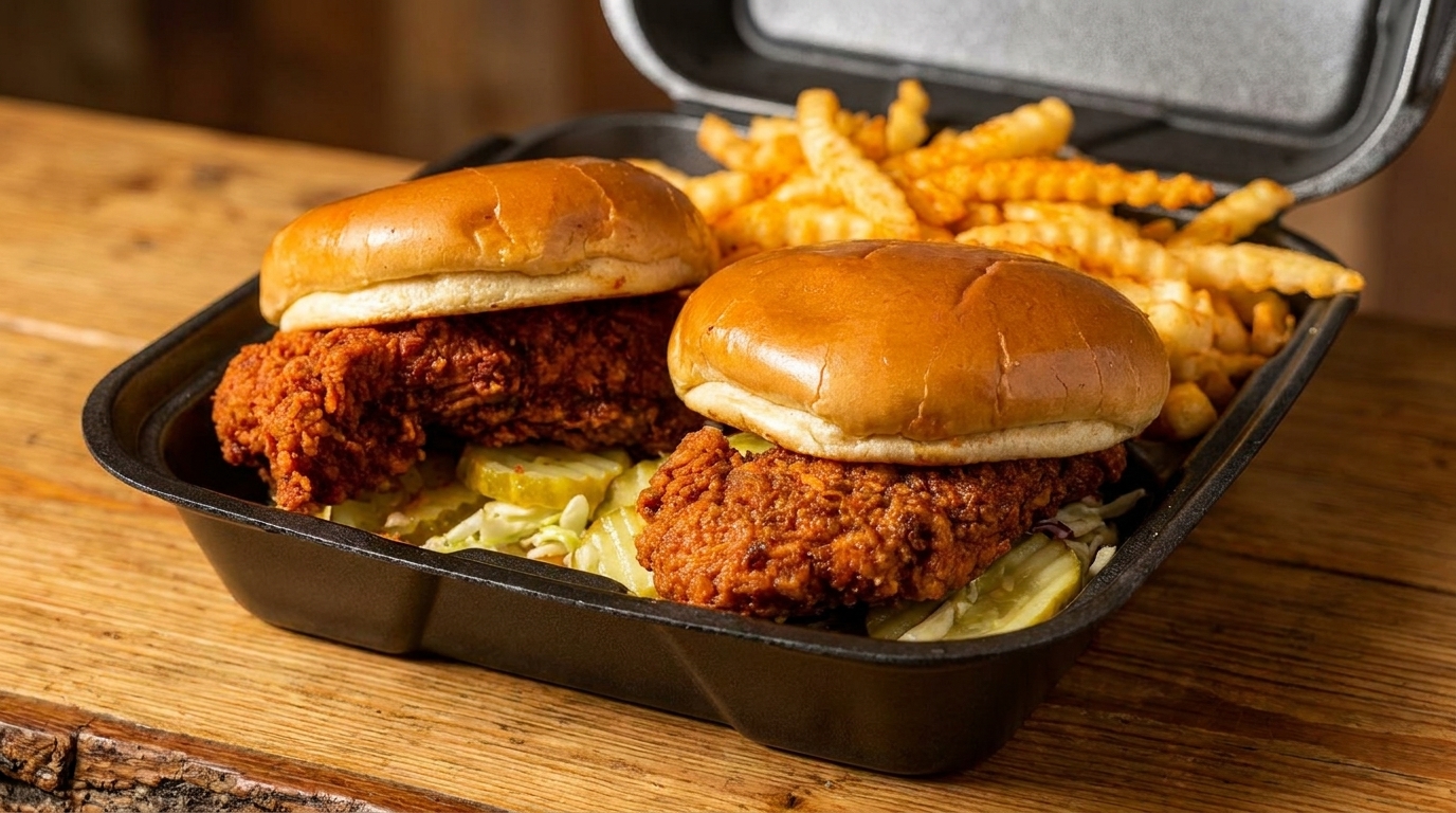 Two crispy chicken sandwiches with pickles and coleslaw, served with crinkle-cut fries in a black container.