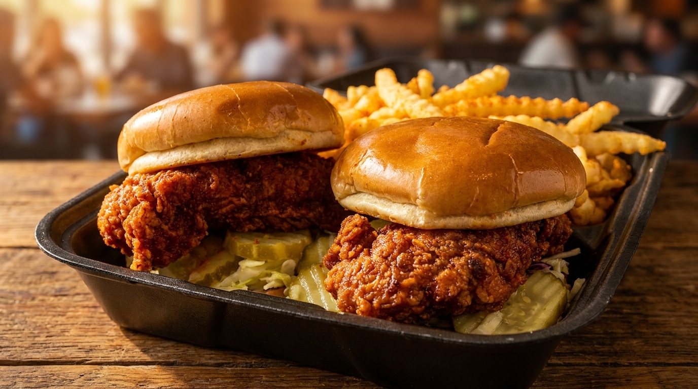 Two crispy chicken sandwiches with pickles and fries in a black tray on a wooden table.