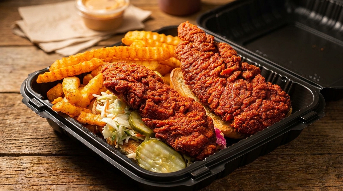 Spicy fried chicken tenders with crinkle-cut fries, coleslaw, and pickles in a black takeout container.