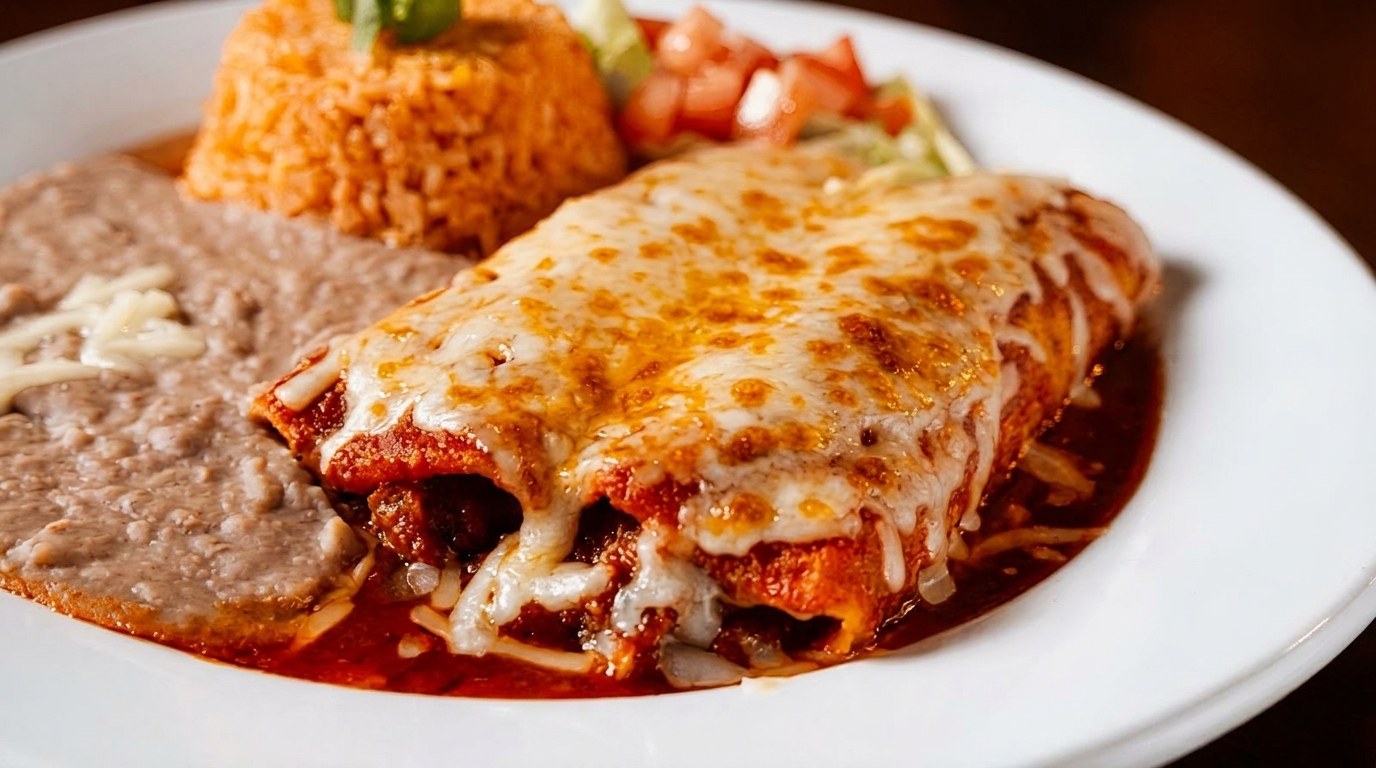 A cheesy enchilada with red sauce, refried beans, and Spanish rice on a white plate.