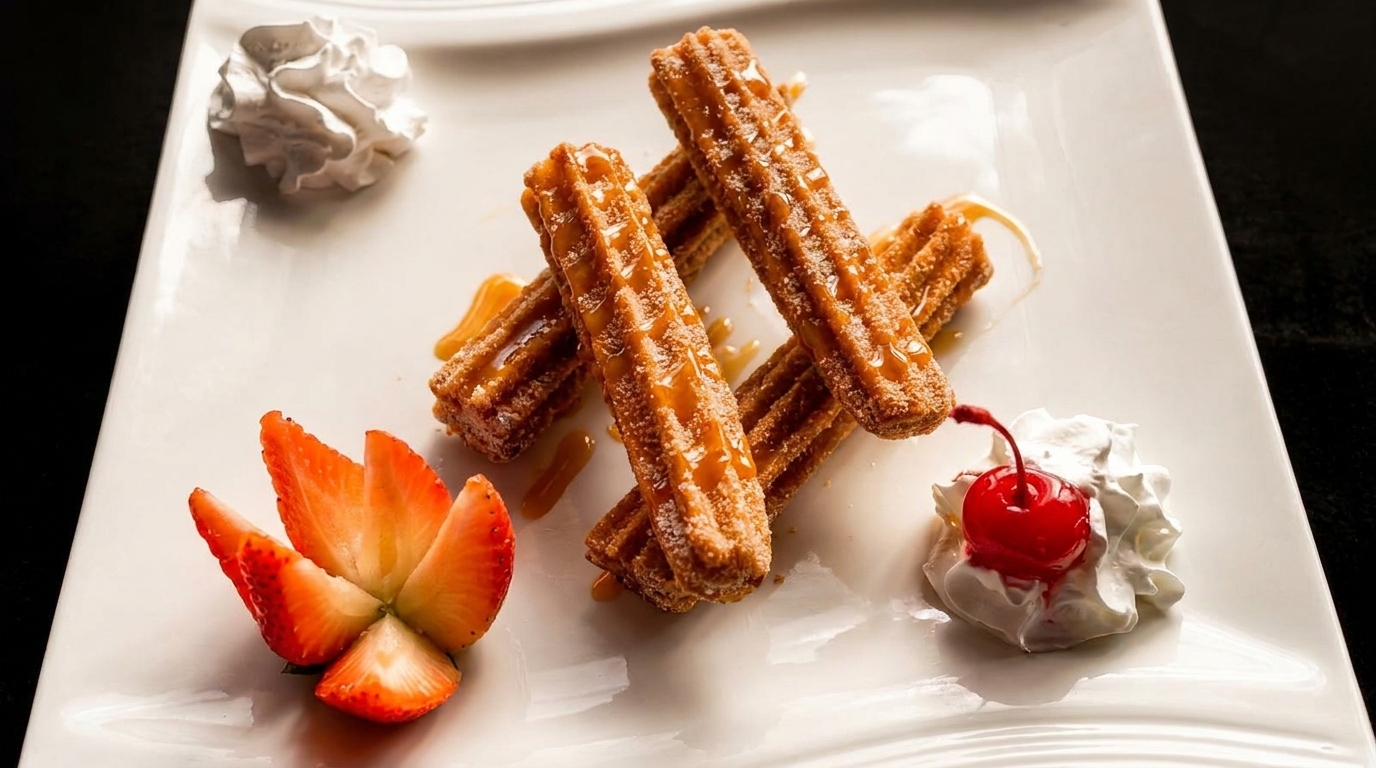 Churros drizzled with caramel, served with whipped cream, a cherry, and fanned strawberries.