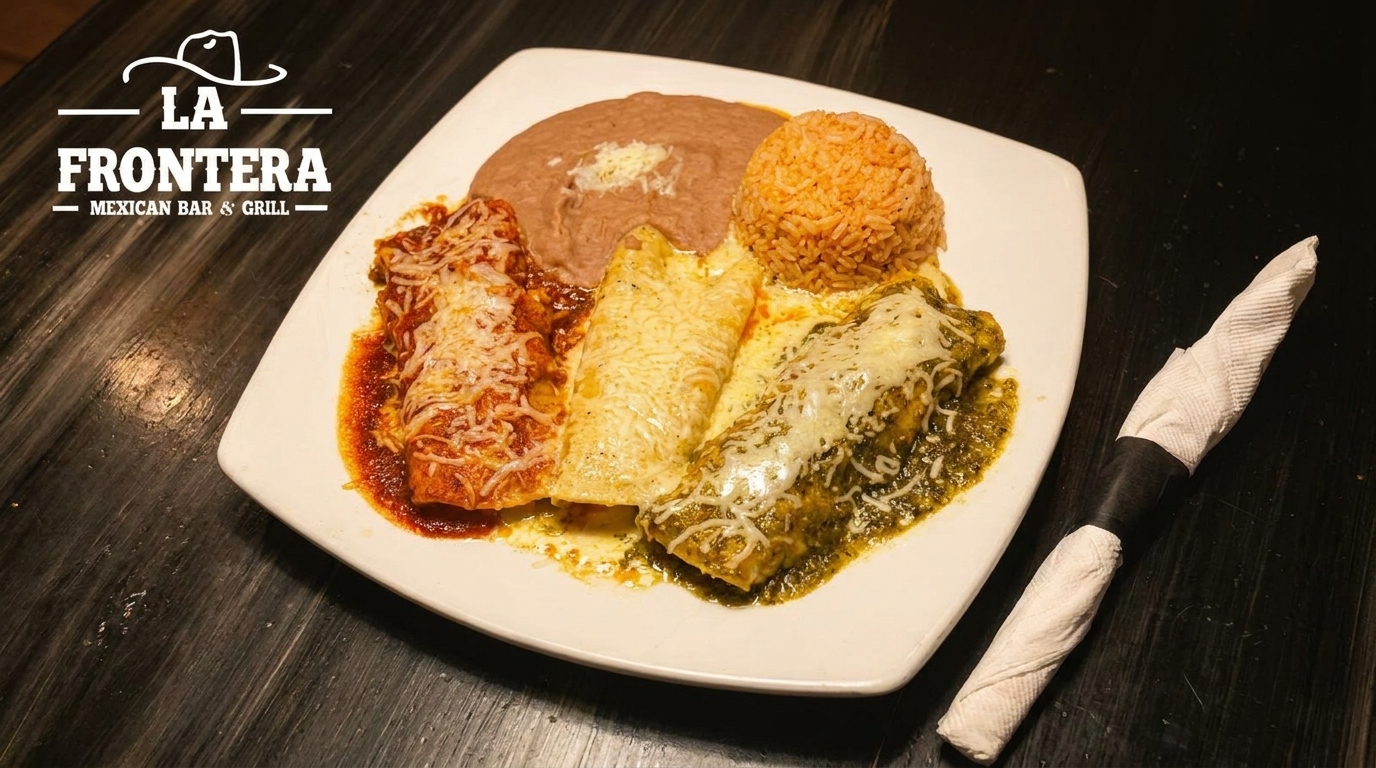 A plate of La Frontera's enchiladas with red, white, and green sauces, rice, and refried beans.