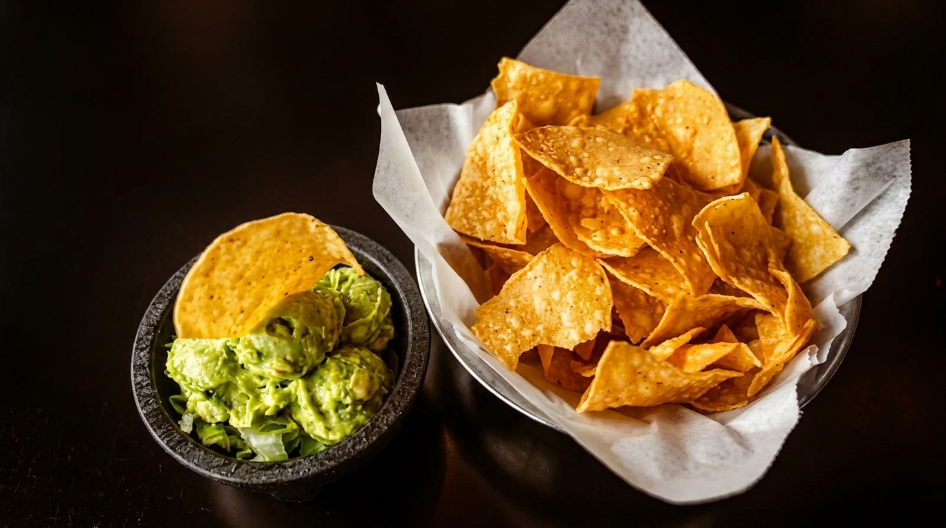 A bowl of fresh guacamole with a tortilla chip and a basket of tortilla chips.