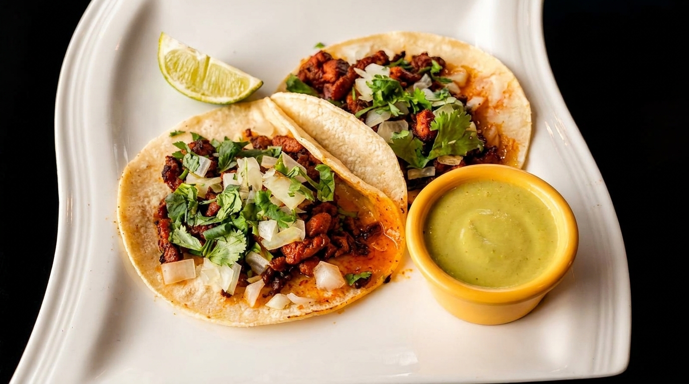 Two al pastor tacos with cilantro, onions, and a lime wedge, served with green salsa.