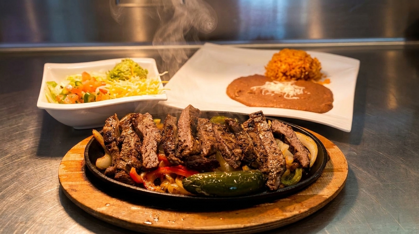 Sizzling steak fajitas with peppers and onions, served with rice, refried beans, salad, and guacamole.
