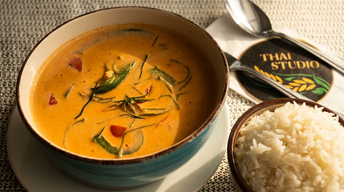 A bowl of red curry with vegetables and herbs, served with a side of white rice.