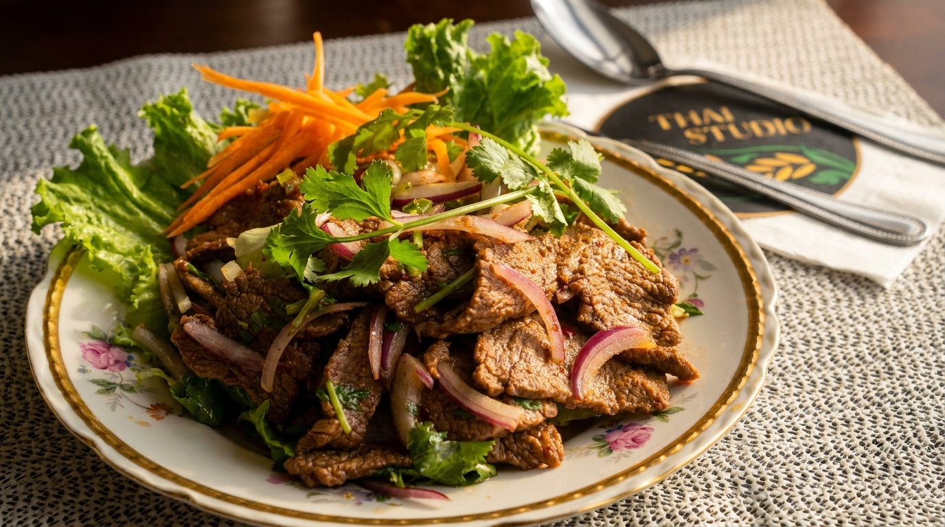 Spicy Thai beef salad with red onions, cilantro, and shredded carrots on a floral plate.