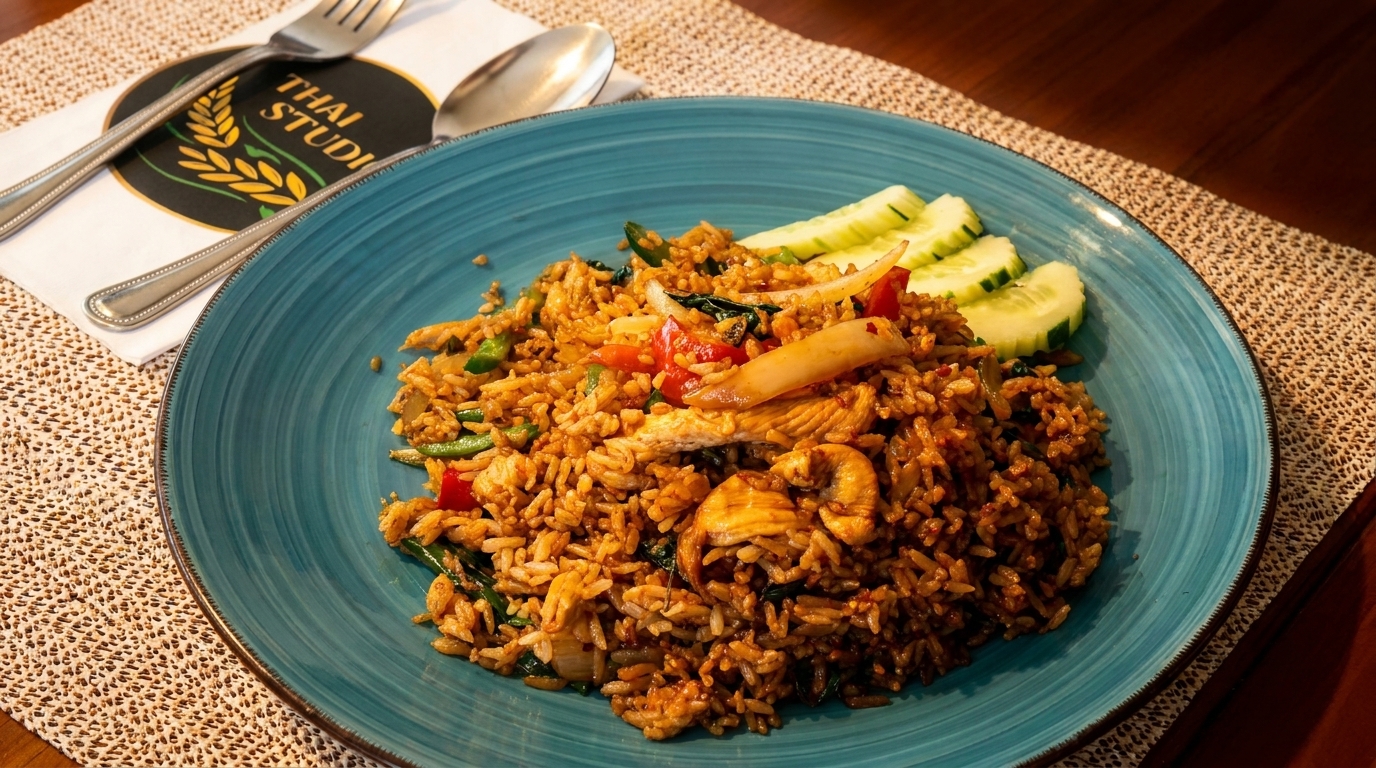 Thai Studio's chicken fried rice with vegetables and cucumber slices on a blue plate.