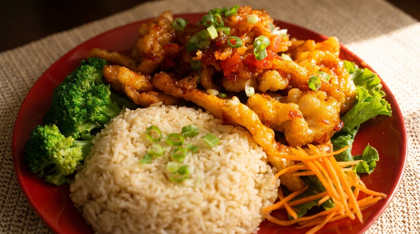 Sweet and sour chicken with rice, broccoli, and shredded carrots on a red plate.
