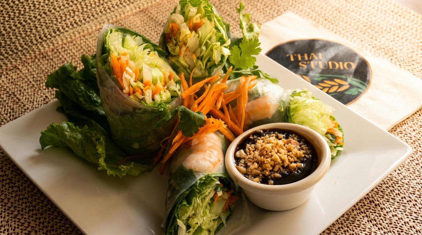 Fresh Thai Studio spring rolls with shrimp, vegetables, and a peanut dipping sauce.