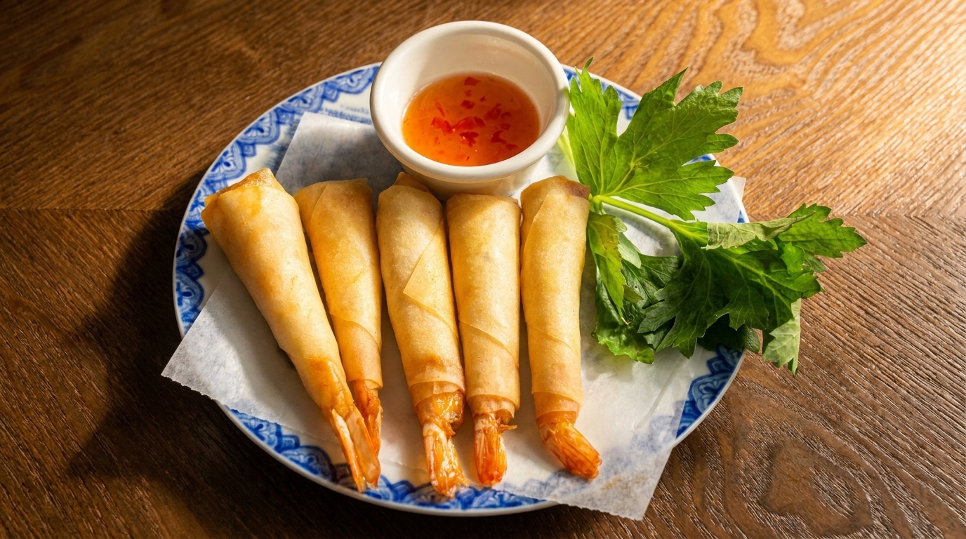 Crispy shrimp spring rolls with sweet chili dipping sauce and fresh herbs on a blue and white plate.