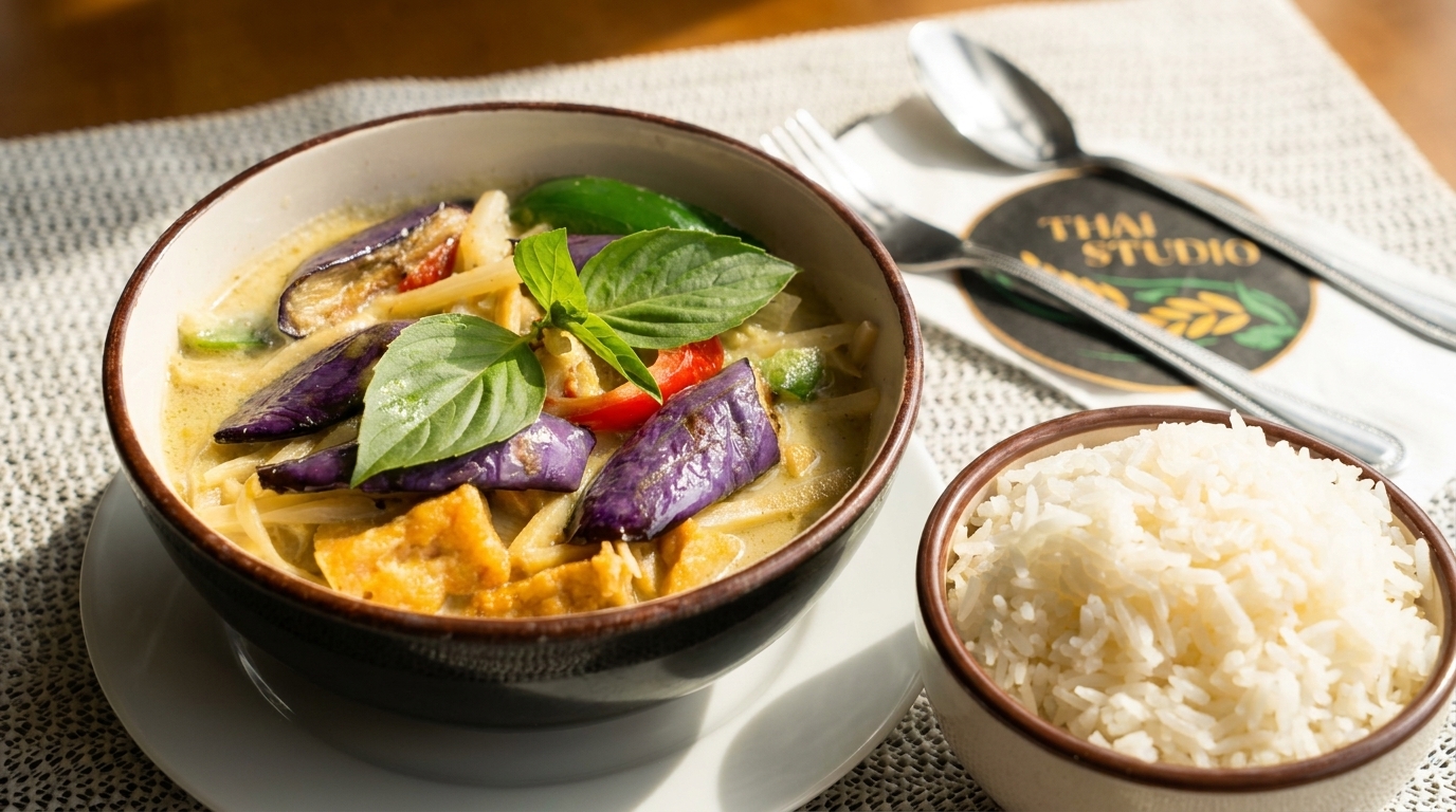 Green curry with eggplant, tofu, and bamboo shoots, served with a side of white rice.