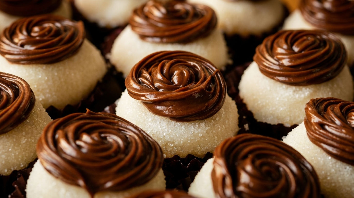 Close-up of several brigadeiros, white with sugar sprinkles and a swirl of chocolate ganache on top.