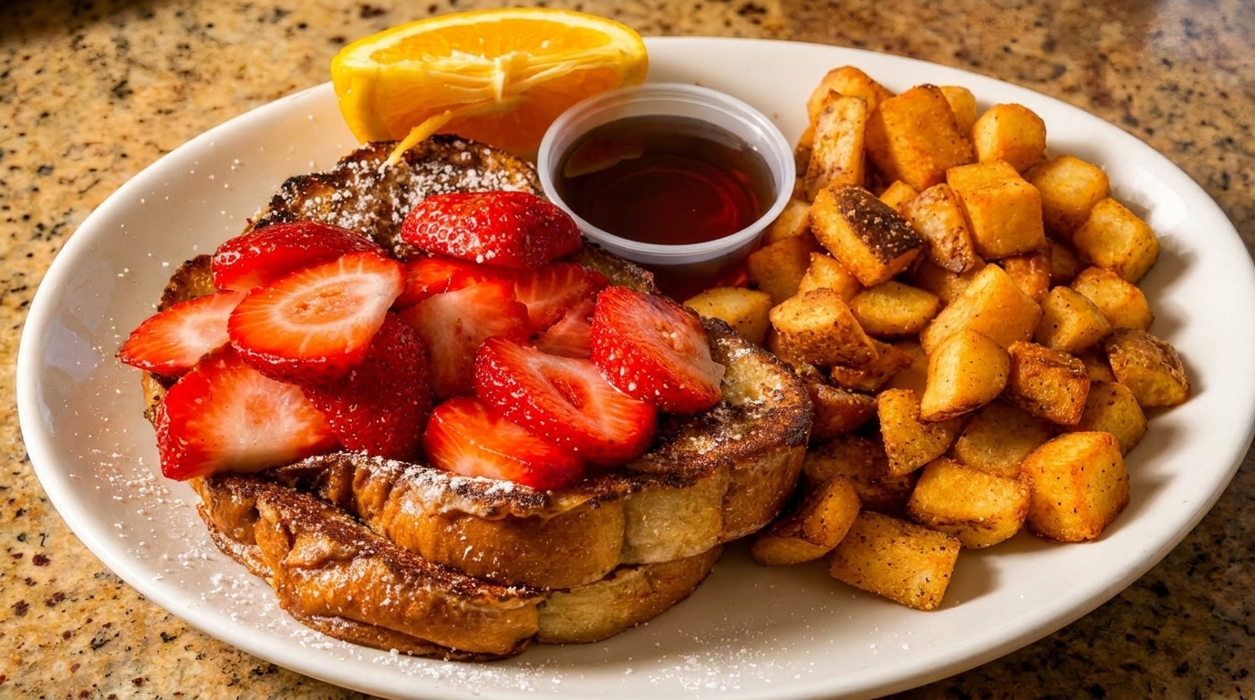 French toast with strawberries, powdered sugar, a side of home fries, syrup, and an orange slice.