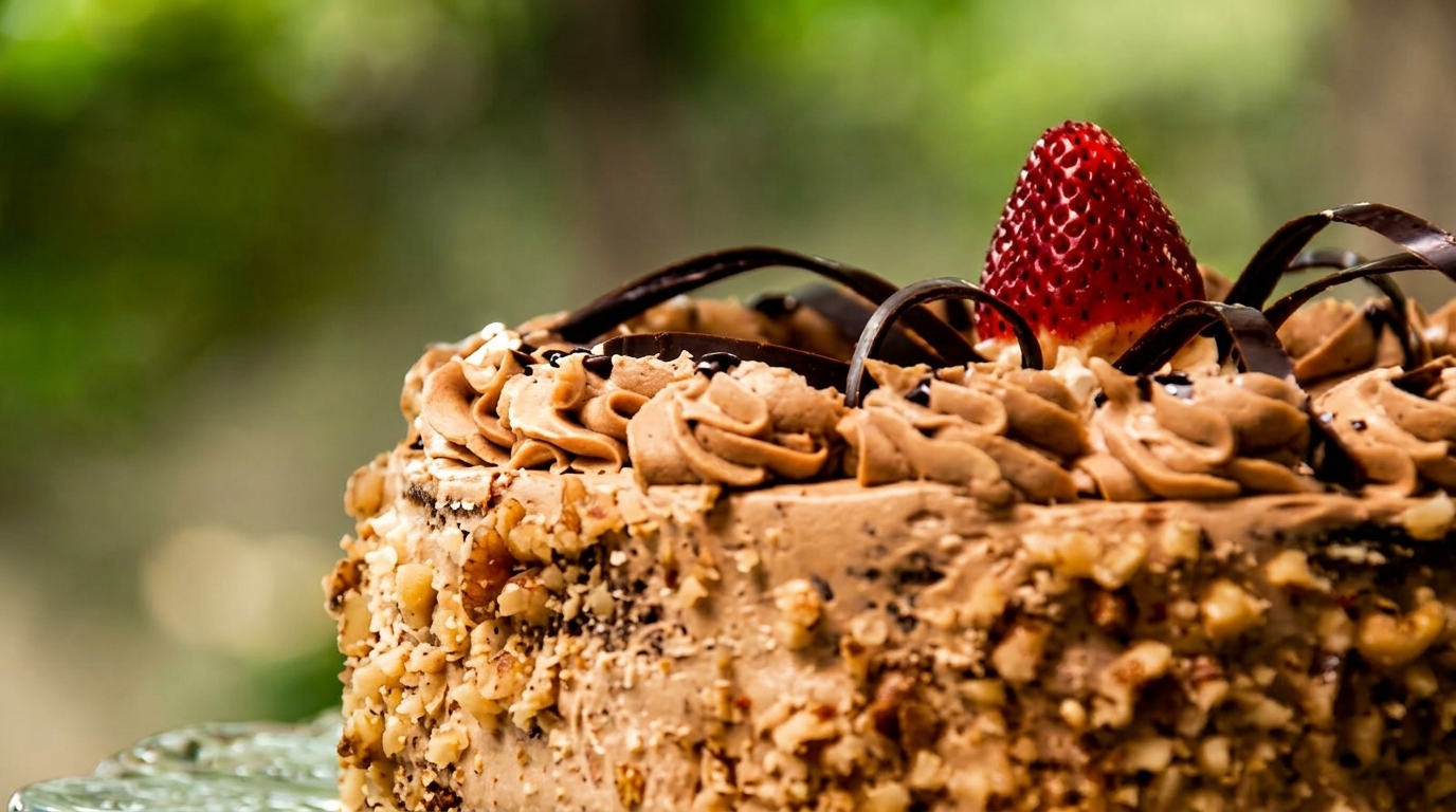 Close-up of a chocolate cake with nuts, frosting, chocolate curls, and a strawberry on top.