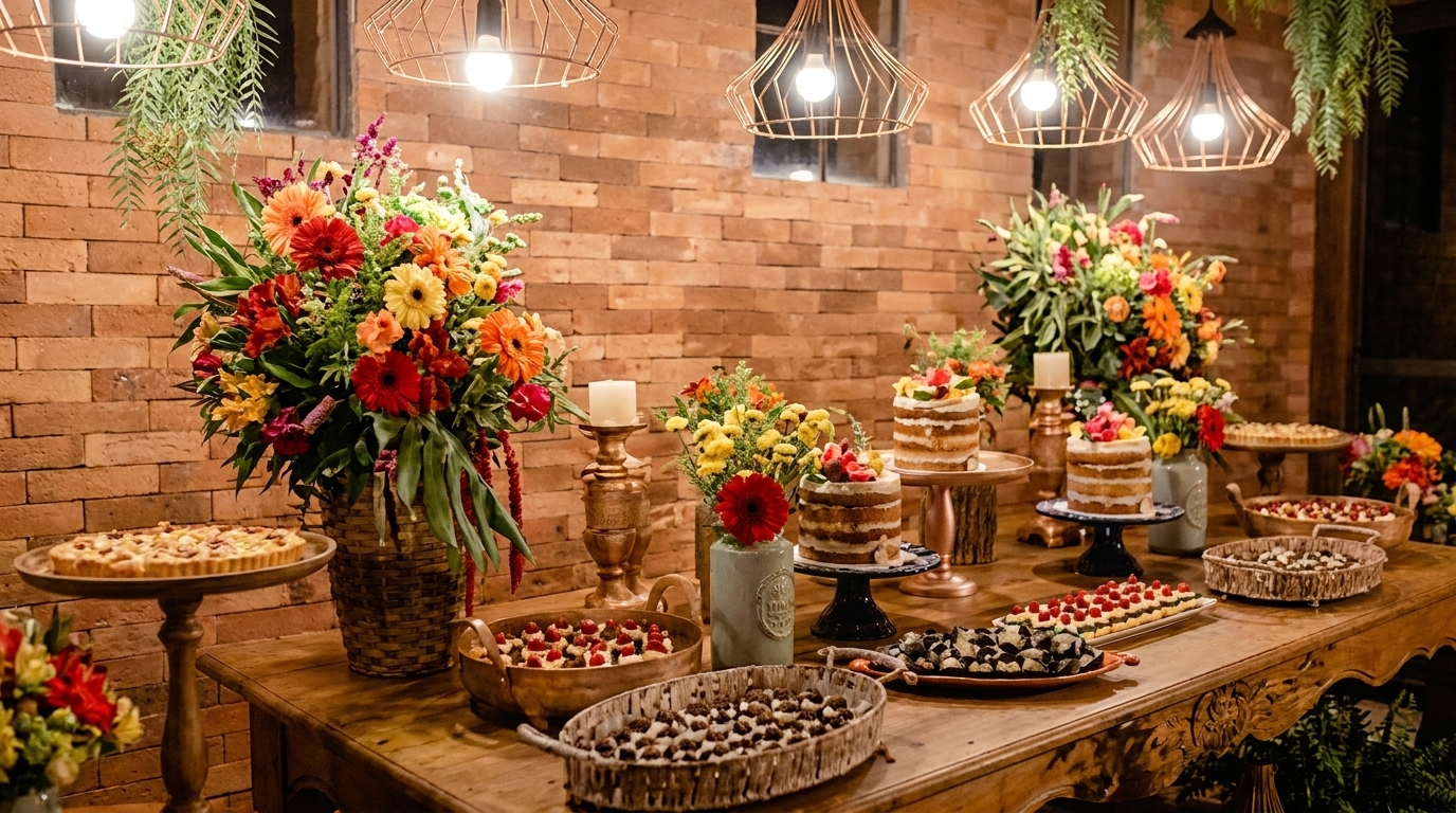 A rustic dessert table with cakes, tarts, and small pastries, adorned with vibrant floral arrangements.