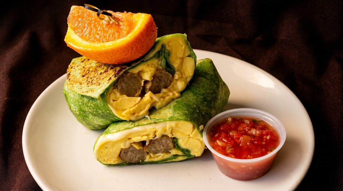 Two green breakfast burritos filled with eggs and sausage, served with salsa and an orange slice.