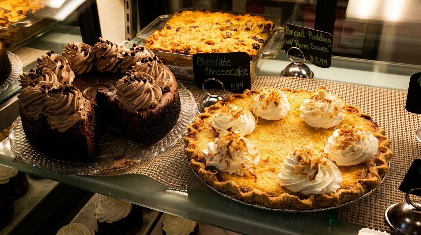 A display case with a chocolate cheesecake, a coconut cream pie, and bread pudding.