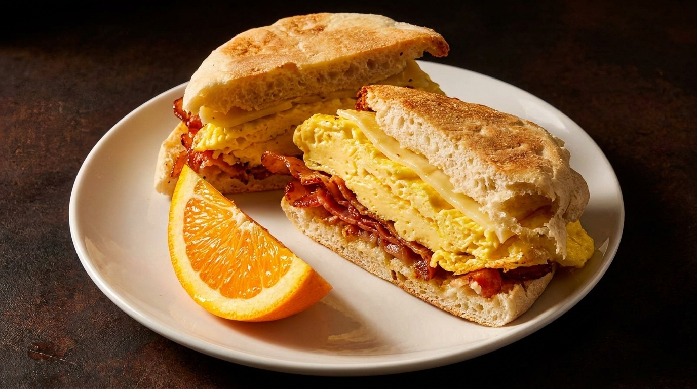 Two breakfast sandwiches with egg, bacon, and cheese on English muffins, with an orange slice.