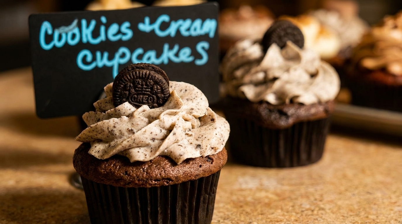 Cookies and Cream cupcake with an Oreo on top, next to a sign and another cupcake.