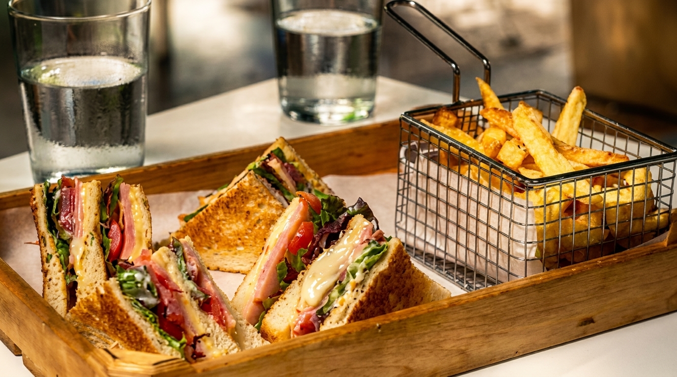Club sandwiches with ham, cheese, and vegetables, served with french fries and water.