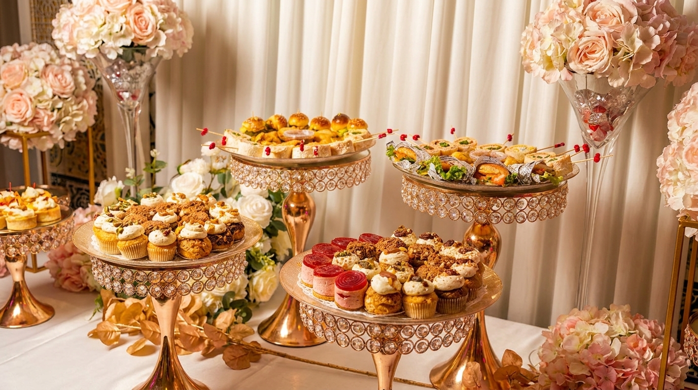 A lavish dessert table with cupcakes, mini tarts, and savory appetizers on ornate golden stands.