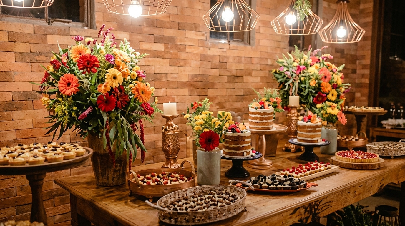 A rustic wooden table laden with cakes, tarts, and pastries, adorned with vibrant floral arrangements.