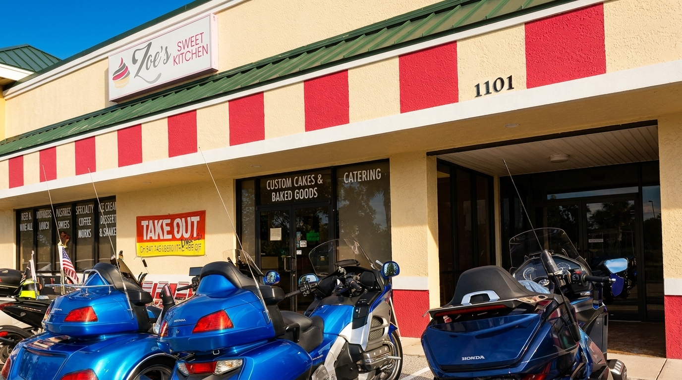 Exterior of Zoe's Sweet Kitchen with a red and white striped awning and several motorcycles parked outside.